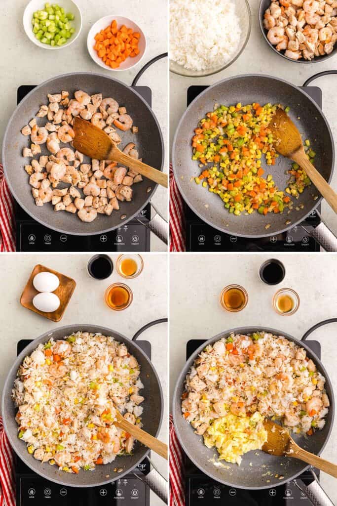 Four overhead pictures outlining the process of making Shrimp and Chicken Fried Rice. Top left shows a frypan cooking chicken and shrimp on a induction top. Top right corner shows the vegetables being sauteed. Bottom left picture is of the veggies, chicken, shrimp, and rice all cooking together. The last picture on the bottom right shows the eggs being scrambled on the bottom half of the pan.