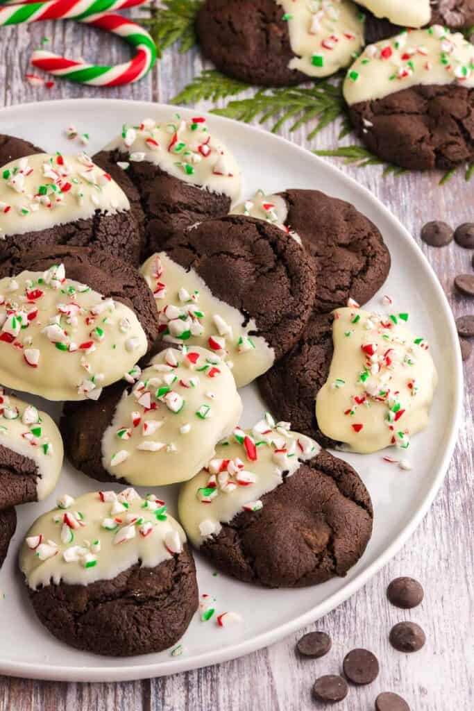 Side shot of a white serving plate filled with Chocolate Peppermint Cookies.  Cookies are dark brown and one half of  each cookie has been dipped in white chocolate and sprinkled with crushed candy cane.