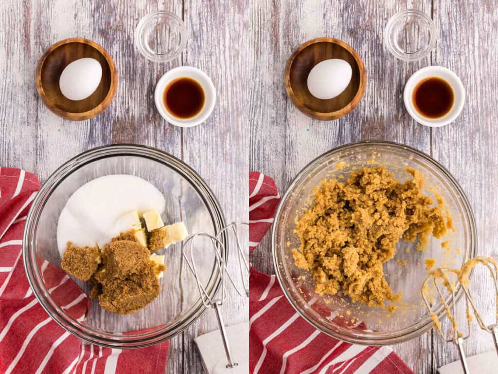 Two overhead pictures side by side. The picture on the left is of a glass mixing bowl with butter. White sugar and brown sugar have been added but not mixed in yet. Above the bowl are the next two ingredients which will be added, the vanilla extract and an egg. The picture on the right is the same scene, except now the butter and sugars have been beated together for a couple of minutes. The mixture is slightly creamy looking. The egg and vanilla extract are still above the bowl to be added in the next step in making chocolate peppermint cookies.