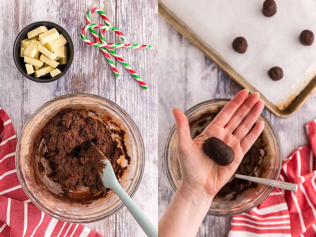 Overhead shot of two side by side photos.
Photo on the left is looking into the mixing bowl of the chocolate peppermint cookie dough. The dough is dark brown and thick. Above the bowl is a small bowl of chopped up white chocolate and some candy canes. The photo on the right is a hand holding some chocolate peppermint cookie dough which has been rolled into a column shape about 1 inch by 2 inch.