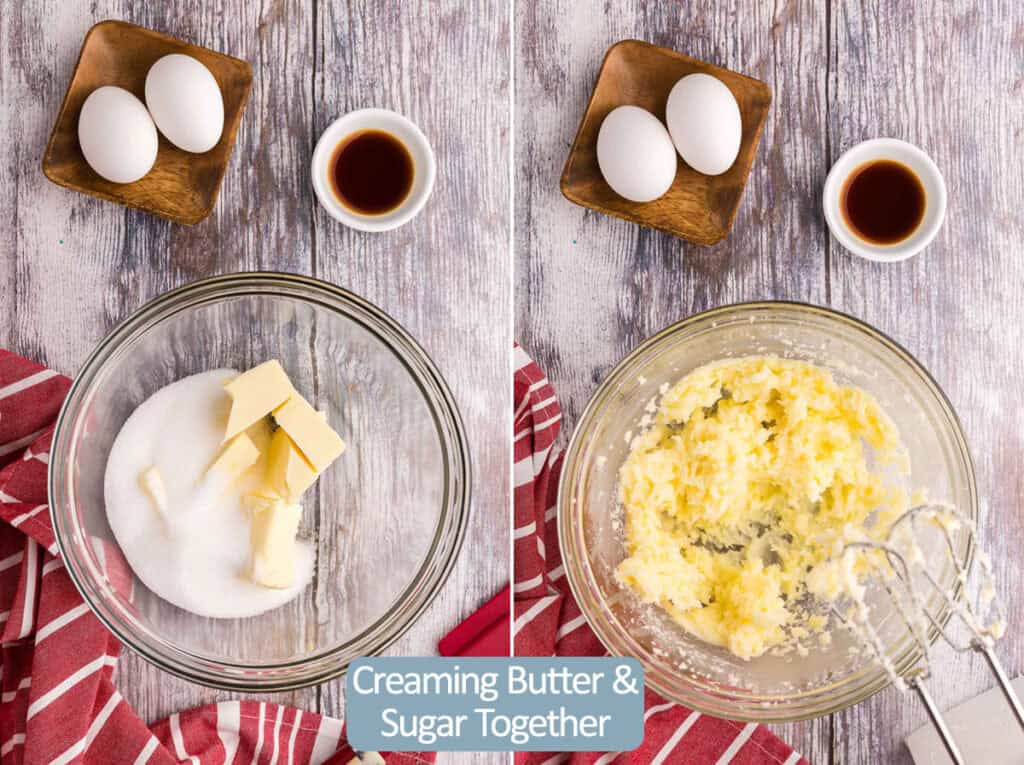 Two overhead shots side by.  On the left is the mixing bowl with yellow butter and sugar added to the mixing bowl.  The picture on the right is the same bowl after the butter and sugar have been creamed together to make a fluffy yellow mixture.  The first step in making Christmas sugar cookies.