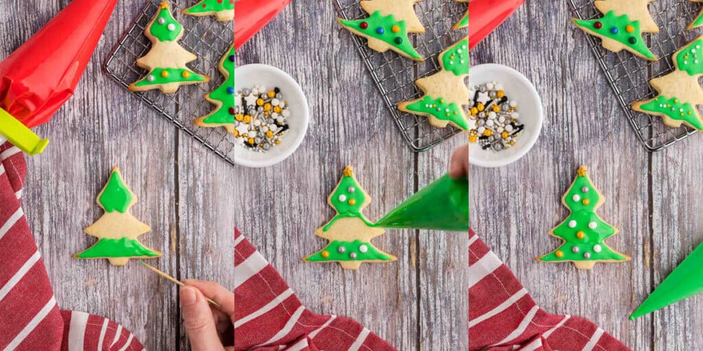 Three overhead pictures side by side.  On the left is a Christmas tree shaped sugar cookie.  The top and bottom section of the tree has been filled with green royal icing, leaving the middle section just bare cookie.  In the middle picture, the same cookie has now dried and the middle section is now being piped on.  The third picture is the same cookie now with green dry royal icing on the top and bottom section and wet royal icing in the middle section.  Clear definition between the sections is visible.