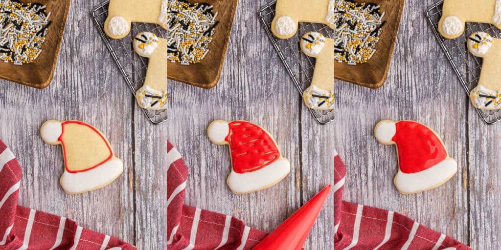 Three pictures side by side of overhead shots of the Santa hat sugar cookie.  On the left the white pom pom and trim have been piped and flooded with white royal icing and allowed to dry.  Now the middle section of the hat has been piped with red royal icing right up against the dry icing.  The middle picture shows the same cookie now flooded with red royal icing, some gaps are visible.  The final picture on the right is the same cookie afer a toothpick has been used to smooth out the surface.  A nice santa hat which is red in the middle and white on the ends.