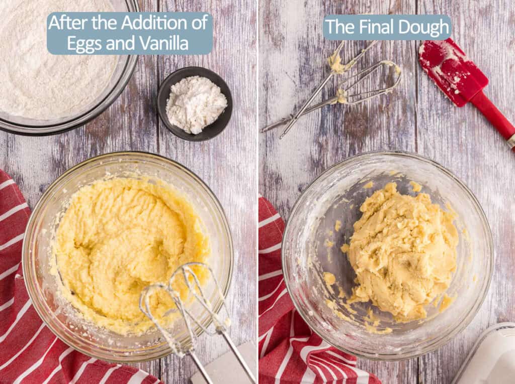 Two overhead shots side by side.  On the left is the batter for Christmas sugar cookies after the sugar and butter have been creamed together and after the eggs and vanilla have been thoroughly mixed in.  The batter is a little thin and yellow.  The picture on the right is the final dough after all the flour and baking soda has been added.  The dough doesn't look dry, but not very sticky either.