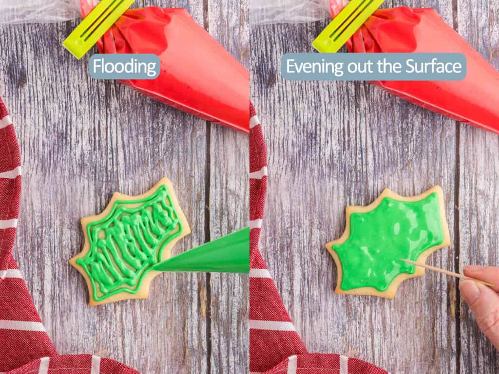 Two pictures side by side of overhead shots of holly leaf shaped sugar cookies.   On the left the cookie is being flooded with green royal icing.  On the right a toothpick is being used to help move the icing around so that there are no visible gaps.