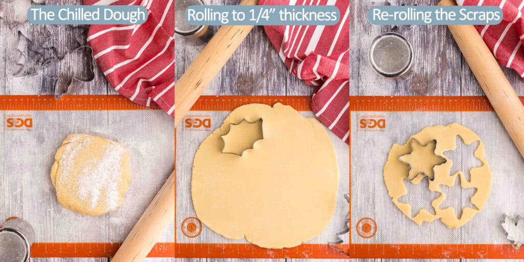 Three side by side overhead pictures.  On the left is the chilled dough disc for Christmas sugar cookies.  It is a creamy yellow color and has been sprinkled with flour in preparation for rolling it out on the silpat mat.  The middle picture is the same dough after it has been rolled to about 1/4" thickness, and a cookie cutter has been placed inside to cut the dough in a holly shape.  The last picture on the right is a smaller amount of dough that was the scraps from the original dough now being rolled out again to cut out more shapes.  three snowflake shapes have been cut out.