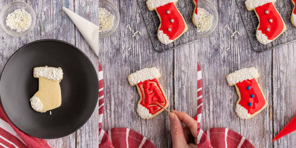 The overhead pictures of a Christmas stocking sugar cookie.  On the far left the cookie has been piped and flooded with white royal icing on the top trim and at the tip of the toe.  The white icing is then covered in white sprinkles and allowed to dry.  In the middle picture, the same cookie is now flooded with red royal icing in the middle and a toothpick is being used to move the icing around to fill in gaps.  The third picture on the right is the final product, the stocking has three blue candies added to look like buttons.
