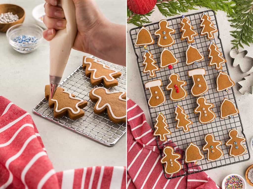 Two picture side by side. The picture on the left is a close up side shot showing a brown gingerbread Christmas tree shaped cookie being decorated with a piping bag of white royal icing. A thin white strip of royal icing has been piped around the entire edge of the tree. The picture on the right is an overhead shot of a cooling rack filled with gingerbread cookies that have all been outlined with royal icing and some have been decorated with sprinkles.