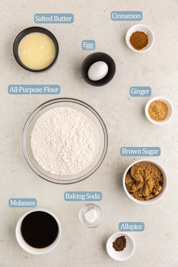 Overhead shot of the ingredients needed to make soft gingerbread cookies. Ingredients include melted butter, egg, cinnamon, ginger, brown sugar, all-purpose flour, baking soda, and molasses.