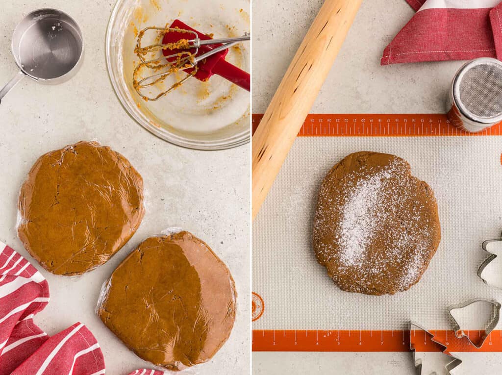 Two photos side by side. Both are overhead shots. The pic on the left is of two discs of gingerbread dough wrapped in plastic wrap and ready to be chilled in the fridge. The picture on the right is of one of the chilled disc of dough on a silpat and sprinkled with flour ready to be rolled out.