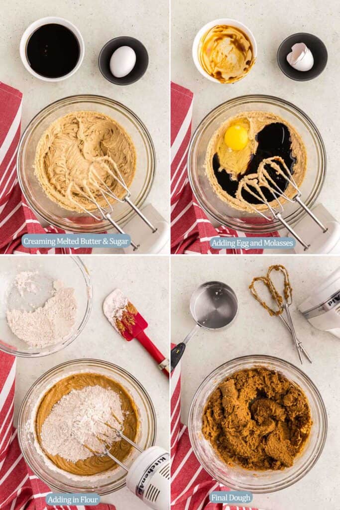 Four pictures outlining the process of making these soft gingerbread cookies. The upper left corner shows the melted butter and sugar after creaming together for 2 minutes. The mixture is thick and creamy. On the top right the same bowl now has an egg and molasses added to it. The bottom left picture is of the bowl after the molasses and egg have been mixed in, and now a portion of the dry ingredients has been added. The final picture on the bottom right is of the final gingerbread dough, dark brown and moist but not sticky.