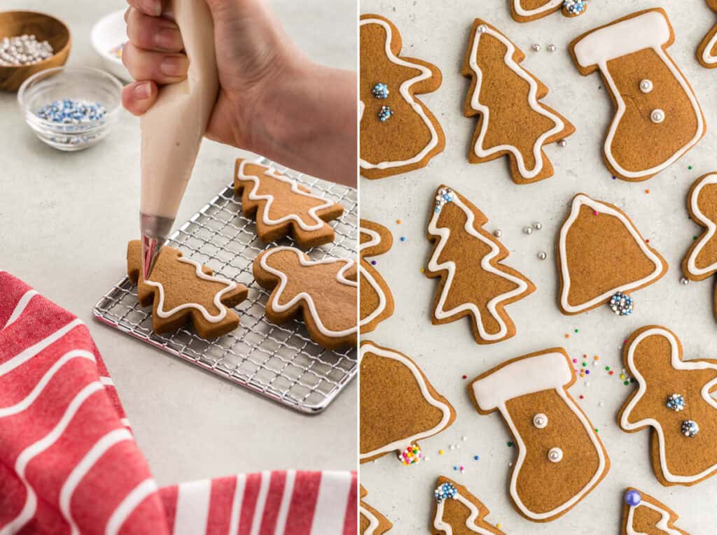 Two pictures side by side.  The picture on the left is a side shot of gingerbread cookies having royal icing with meringue powder piped on.  The picture on the right is an overhead close up of gingerbread cookies decorated with royal icing with meringue powder and some with sprinkles.  The royal icing has been piped around the edge of each cookie.  Some are Christmas trees, gingerbread men, bells, and stockings.  The stockings have had the top of the stocking flooded with white royal icing to make it seem like a fuzzy white top.