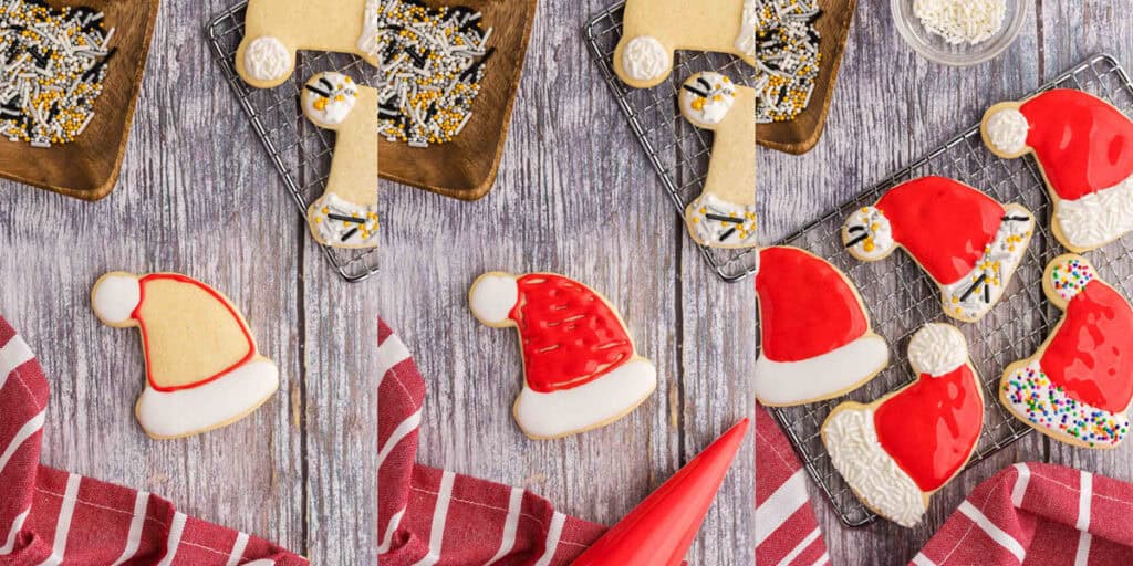 Three overhead pictures side by side.  The first one on the left is of a Santa's Hat Sugar cookie which has had the pom pom and bottom trim already piped and flooded with white royal icing.  Now a red outline has been piped to show where the red section will be in the body of the hat.  The second picture is the same scene after the cookie has been flooded with red royal icing inside the piped area.  The third picture is of 5 red and white Santa Hats that have been piped and are on a rack drying.