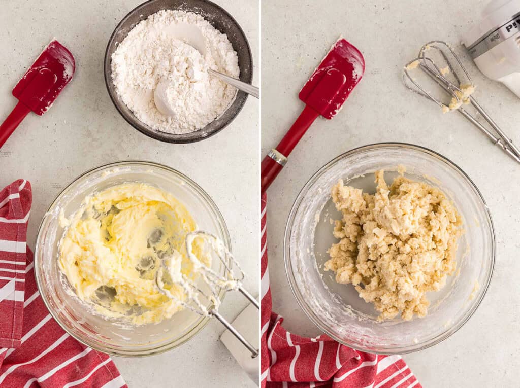 Two side by side overhead photos showing a glass mixing bowl which on the left has creamed together the sugar and butter to a smooth creamy and fluffy consistency.  On the right the same bowl has now had the flour and cornstarch added and a crumbly dough has been produced.