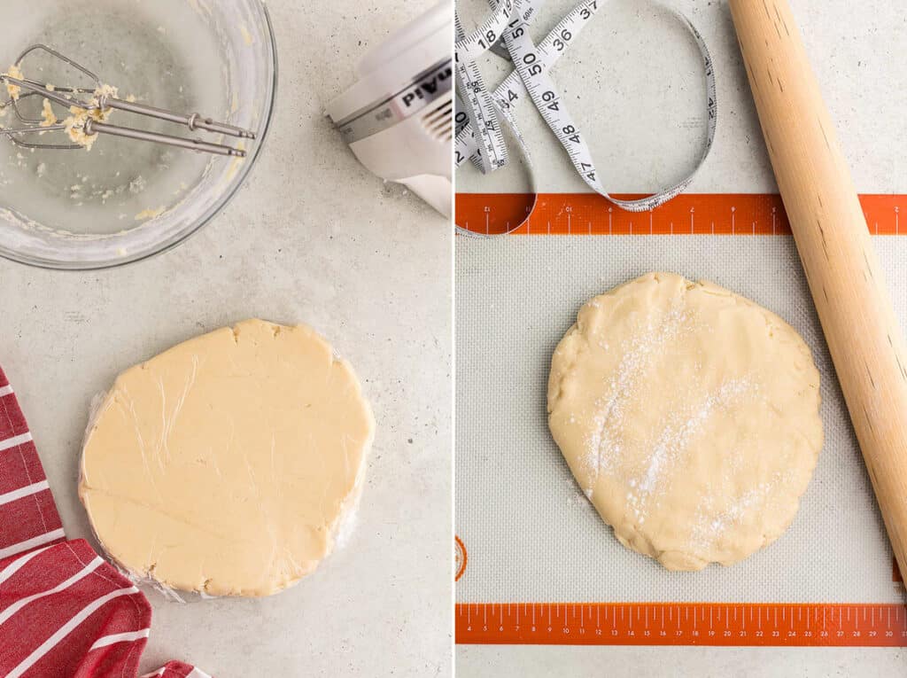 Two overhead shots of the dough turned into a disc.  On the left the disc is wrapped in plastic wrap to go in the fridge to chill.  On the right is the same disc of dough after it has chilled and it is now on a silpat mat ready to be rolled out.