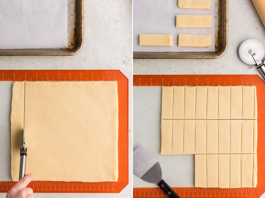 Two overhead shots.  On the left the beige shortbread dough has been rolled out on a silpat mat to 9" by 9".  Marks have been made along the edges every 1" in the x direction and every 3" in the y direction.  A pizza cutter is being used to cut one line from the bottom  edge to the top edge following the markings.  The picture on the right is the same dough after all the lines have been cut to make 27 shortbread cookies.  A few have been removed and placed on a baking sheet above.