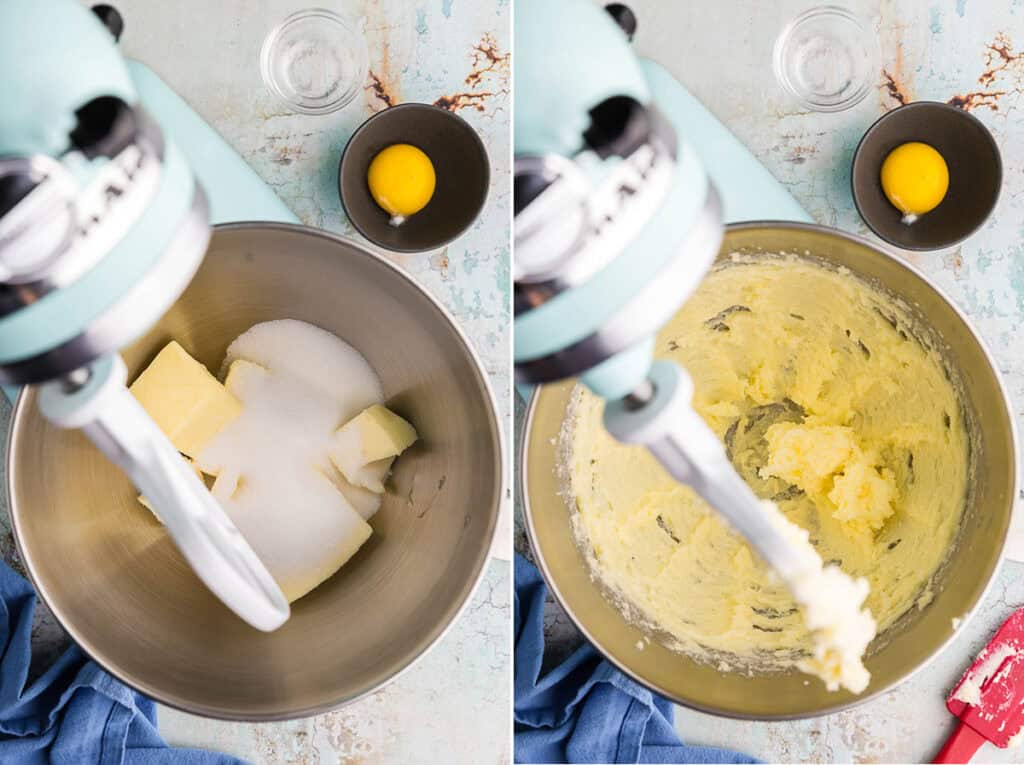 Two side by side overhead shot photos looking into the mixing bowl of a stand mixer. On the left is the room temperature butter in the bowl with the white sugar poured on top. To the side of the mixer is a pinch bowl with an egg yolk and another pinch bowl with almond extract which will be added later. The picture on the right is of the fluffy creamed butter and sugar mixture after they have been creamed together.