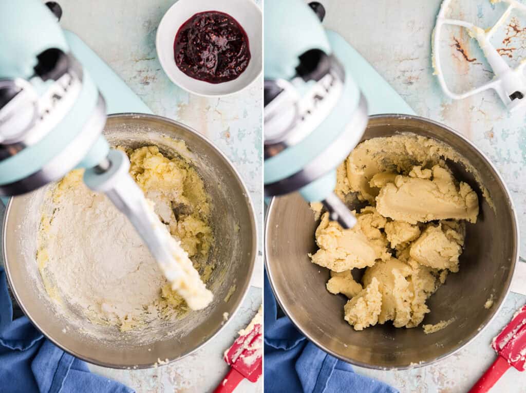 Two side by side overhead shot photos looking into the mixing bowl of a stand mixer. On the left is the flour poured in on top of the creamy "yelowy" butter sugar mixture before being beated in. The picture on the right is the raspberry thumbprint cookie dough that is ready to be rolled into balls.