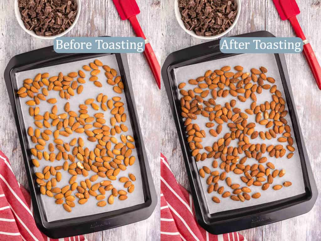 Two side by side overhead shots.  The picture on the left is of the raw almonds with skins on layed out on a parchment lined baking sheet.  The almonds are a bright brown.  The picture on the right is of the same almonds on the pan after they have been toasted for about 25 minutes.  They are a deeper brown color.