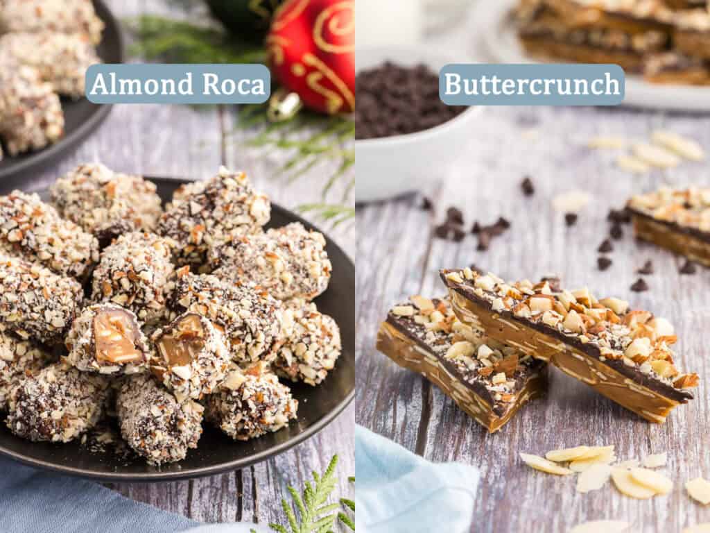 Two side by side pictures. On the left is an angle shot looking at a plate filled with almond roca. One piece has been broken in two to reveal the sliced almond toffee coated in chocolate and chopped almonds. The picture on the right is of two shards of buttercrunch laying beside each other on a wood table. The almond toffee bottom is visible below the layer of chocolate and chopped almonds.