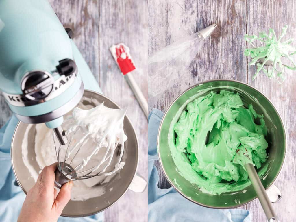 Two pictures side by side.  Both overhead shots.  The picture on the left is the wire whisk attachment held up horizontally to the camera to see the glossy white meringue with stiff peaks.  The picture on the right is the same bowl of meringue after green food coloring has been added.  The meringue is still smooth and glossy but it is green in color, perfect for making Meringue Christmas Trees.