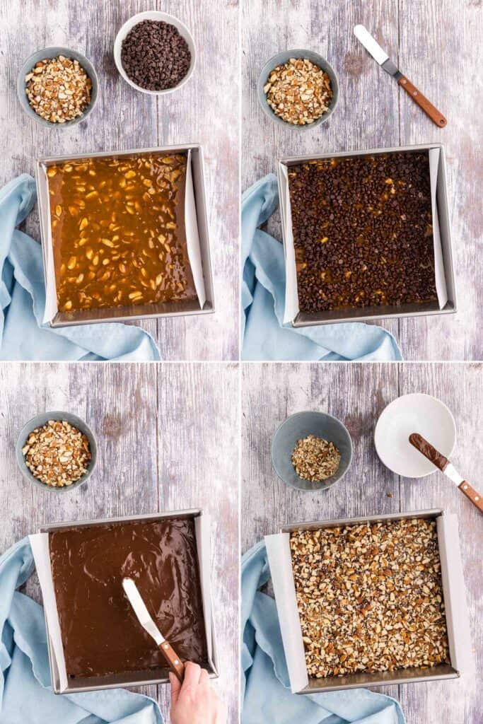 Four overhead shots of making buttercrunch. The first picture in the upper left is of the square baking pan filled with the toffee and almond mixture. The picture in the upper right corner is the same pan with chocolate chips added to the surface, they have sat for about 5 minutes and are beginning to look melty. The bottom left picture is the same pan after the melted chocolate chips have been smoothed out with an offset spatula. The final picture on the bottom right is the pan after the chopped almonds have been added to the layer of chocolate.