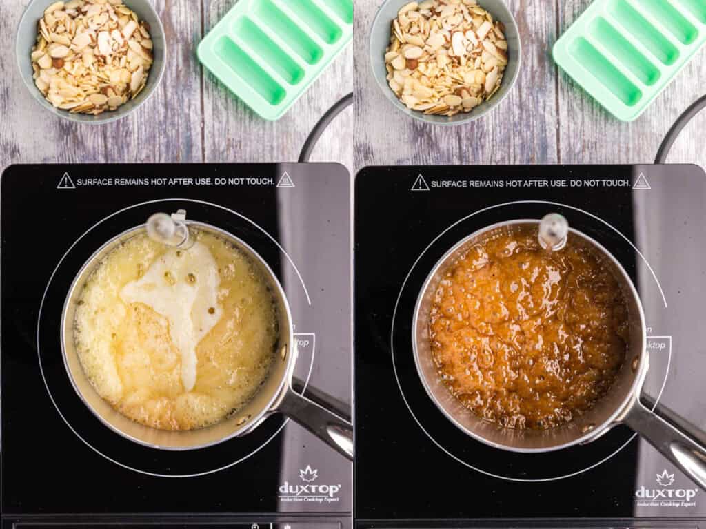 Two side by side pictures of the process of making toffee for buttercrunch. On the left is a pot of melted butter and sugar beginning to come to a boil, it is a light yellow color. The picture on the right is the same pot after the mixture has reached 310F - it is a dark brown color.