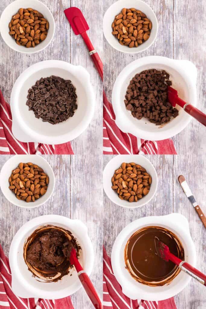Four overhead photos of melting dark chocolate in a white plastic bowl for making almond bark.  Top left corner is the starting point where there is only small unmelted chunks of chocolate in the bowl.  The top right corner is of the chocolate only slightly melted, it looks soft but still chunky.  The bottom left corner shows most of the chocolate melted and shiny but still chunks of chocolate visible.  The bottom right corner is fully melted shiny dark chocolate.