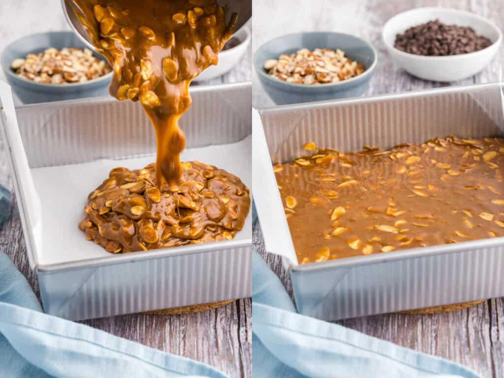 Two pictures side by side. The picture on the left is a side shot of the hot toffee and almond mixture being poured into a square baking pan. The toffee is a brown thick liquid with chunks of almonds. The picture on the right is the same pan after the toffee has been poured and smoothed out to an even brown surface. Almonds are visible near the surface.