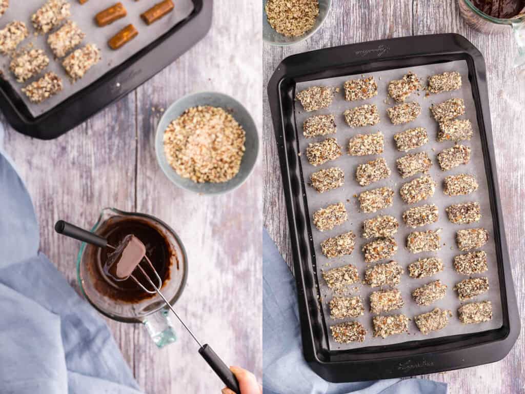 Overhead shots of two pictures side by side outlining how to make the almond roca logs. The picture on the left shows a toffee log being fully enrobed with melted chocolate and being lifted out of the chocolate with a fork. There is a bowl of chopped almonds beside it for rolling in. The picture on the right is a parchment-lined baking sheet with 10 rows of 4 almond rocas after they have been dipped in chocolate and rolled in nuts and now chilling.