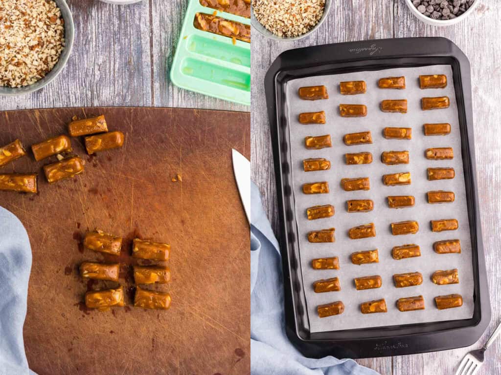 Overhead shot of two photos side by side. On the left is a cutting board with three logs of the almond roca toffee that have each been cut in half to make 6 pieces which will ultimately each become a piece of almond roca. The toffee is golden brown with visible sliced almonds inside. On the right is a baking tray lined with 10 rows of 4 toffee longs which will be dipped in chocolate and rolled in crushed almonds to make almond roca.