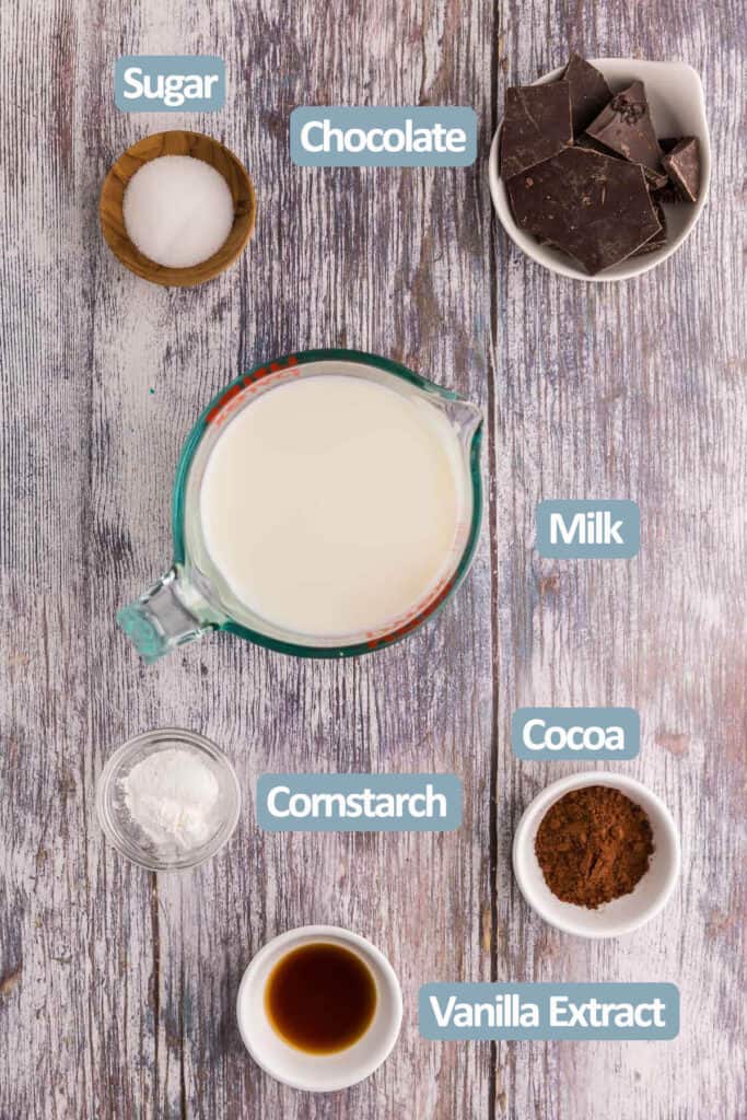Overhead shot of all the ingredients laid out necessary to make the best hot chocolate. Ingredients are: sugar, dark chocolate, milk, cocoa powder, cornstarch, and vanilla extract.