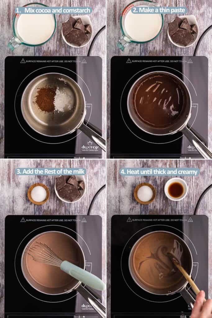 Four overhead shots all looking into a silver saucepan to show the process of making the best hot chocolate. The picture in the upper left corner shows just the cocoa powder and cornstarch added to the pot. The next picture on the upper right shows a thin dark brown paste after a couple of tablespoons of milk have been added and whisked in. The next picture bottom left is after all the milk has been added to the sauce pan and whisked in. It looks like a creamy brown chocolate drink. The last picture in the lower right corner is of the saucepan after all ingredients have been added and it is a rich brown chocolate color.