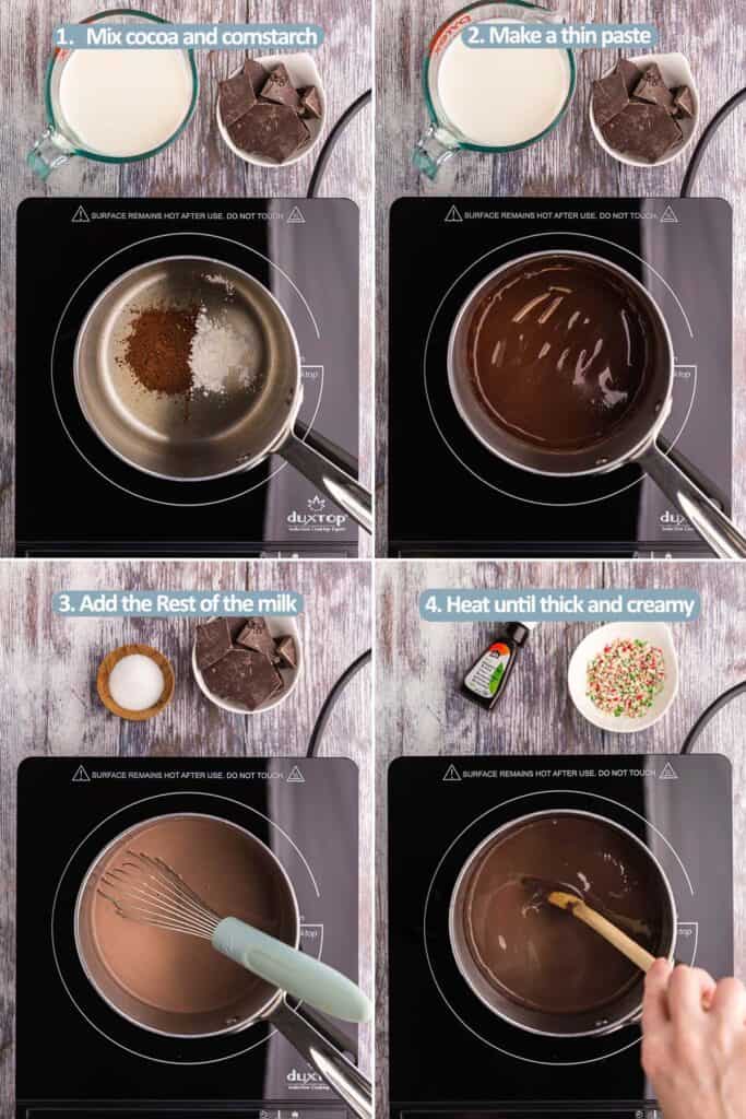 A series of 4 pictures 2 on top 2 on bottom of the process of making chocolate peppermint hot chocolate.  The top left is looking into a small saucepan where cornstarch and cocoa powder have been added.  The picture top right is after a small amount of milk has been added to make a thin dark brown paste with the cornstarch and cocoa.  The bottom left is after all the milk has been added, it is a lighter brown color.  The bottom right is the same saucepan after the hot chocolate has been heated, there is peppermint extract and crushed candy canes ready for the next step.