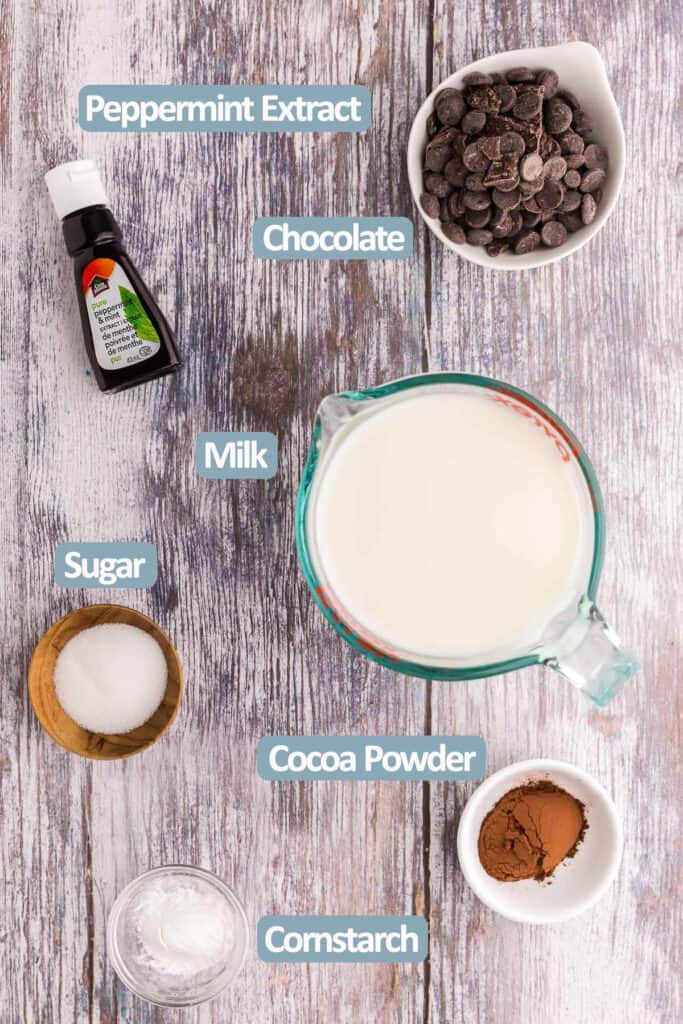 Overhead shot of the ingredients needed to make peppermint hot chocolate.  Ingredients are: peppermint extract, solid chocolate, milk, sugar, cocoa, and cornstarch.