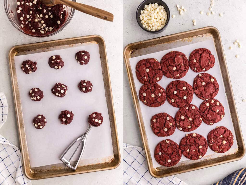 Two overhead pictures side by side. The picture on the left is a sheet pan lined with white parchment paper. The red velvet cake cookie batter has been scooped out with the cookie scoop and placed in lines on the sheet pan. The picture on the right is the same sheet pan after the cookies have been baked. There are 12 red cookies on the sheet pan with lots of white chocolate chips in each one.
