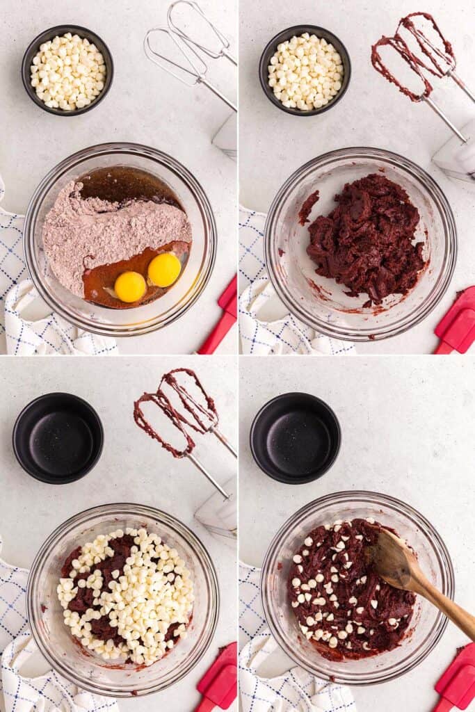 Four different shots in each corner of the picture showing the process of making the batter for the red velvet cake cookies. The top left corner is a glass mixing bowl with the cake mix added, eggs, and vegetable oil. The picture in the upper right corner is the same bowl after all the ingredients have been mixed together. It is a thick red batter. The bottom left corner picture is the bowl in the batter with white chocolate chips poured on top. And the picture on the left is the final batter after the chocolate chips have been stirred in.