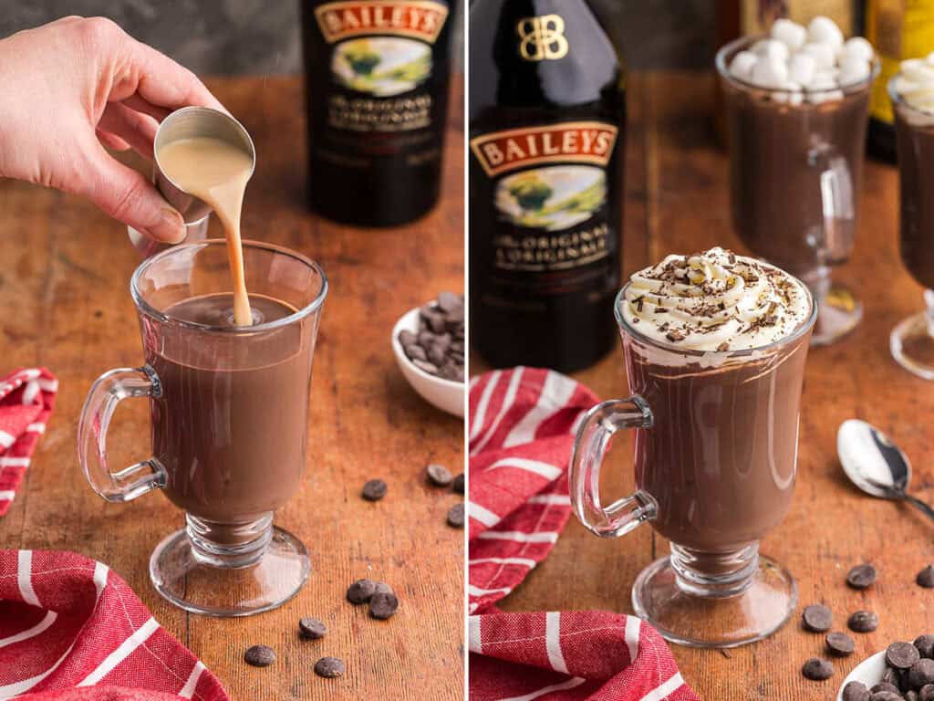 Two side by side pictures. Picture on the left is a shot of Baileys being added into a glass mug of dark hot chocolate. The picture on the right is of the spiked baileys hot chocolate with whipped cream and shaved chocolate on top.