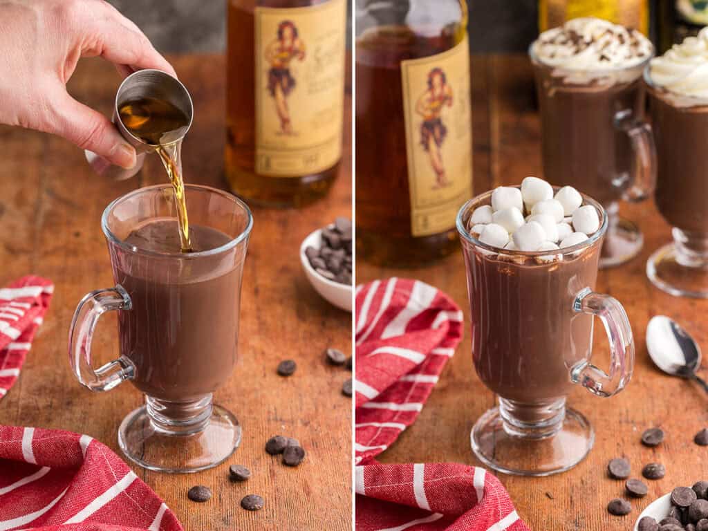 Two side by side pictures. Picture on the left is a shot of amber colored spiced rum being added into a glass mug of hot chocolate. The picture on the right is of the spiked rum hot cocoa topped with mini white marshmallows.