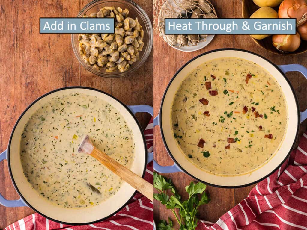 Two overhead shot photos side by side.  On the left is a Dutch oven after milk and cream have been added to the clam chowder.  The picture on the right is the finished clam chowder now garnished with bacon and fresh parsley.