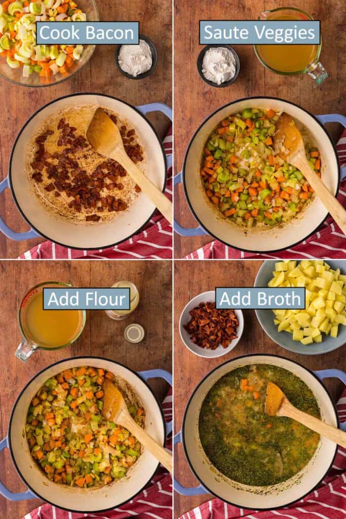 The process of making clam chowder.  Top right photo is a Dutch oven cooking chopped bacon.  Top left is the carrots, celery, onions, and leeks sauteing in the bacon fat.  Bottom left is the same Dutch oven with flour added.  The bottom right photo is the same Dutch oven after chicken broth and herbs have been added.