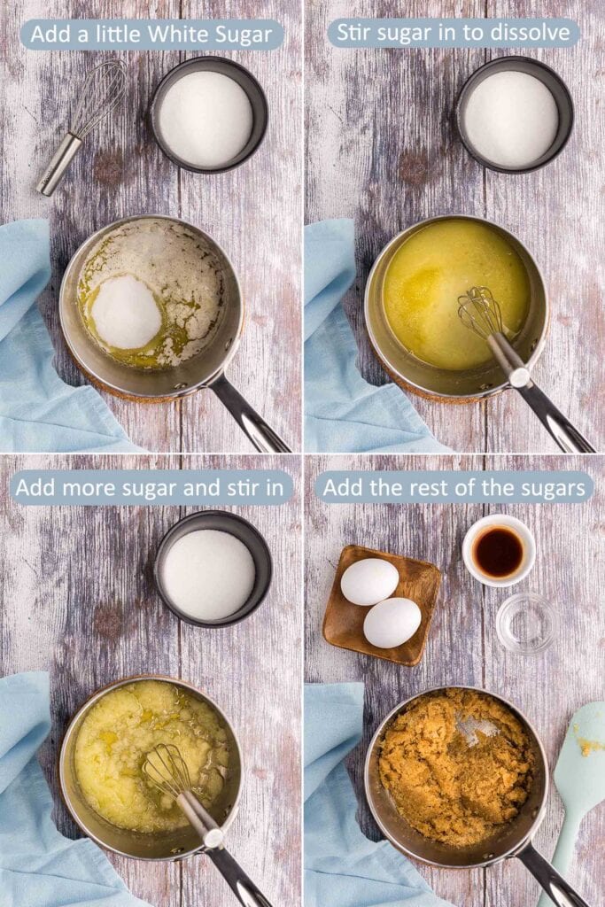 The process of dissolving as much white sugar into the melted butter.  Upper left corner is melted butter with about 3 tbsp of sugar poured in.  Upper right picture is same pot after the sugar has been whisked in to the melted butter.  Bottom left is the same pot after more sugar has been whisked in, and bottom right is the pot after all the sugar has been added and stirred with the melted butter.  It is a thick sugary mixture.