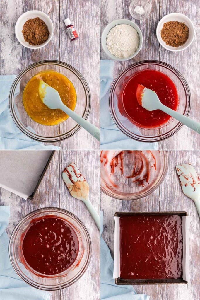 Four pictures outlining the process of making red velvet brownies.  Top left corner is a mixing bowl filled with a yellow mixture of butter, sugars, egg, vinegar, and vanilla extract.  The upper right photo is the same bowl but now it is a bright red color after the addition of red food coloring and vegetable oil.  Bottom left is the mixing bowl after the cocoa and flour have been added, it is a dark red brown color.  And the picture in the lower right corner is the batter poured into an 8x8 pan.