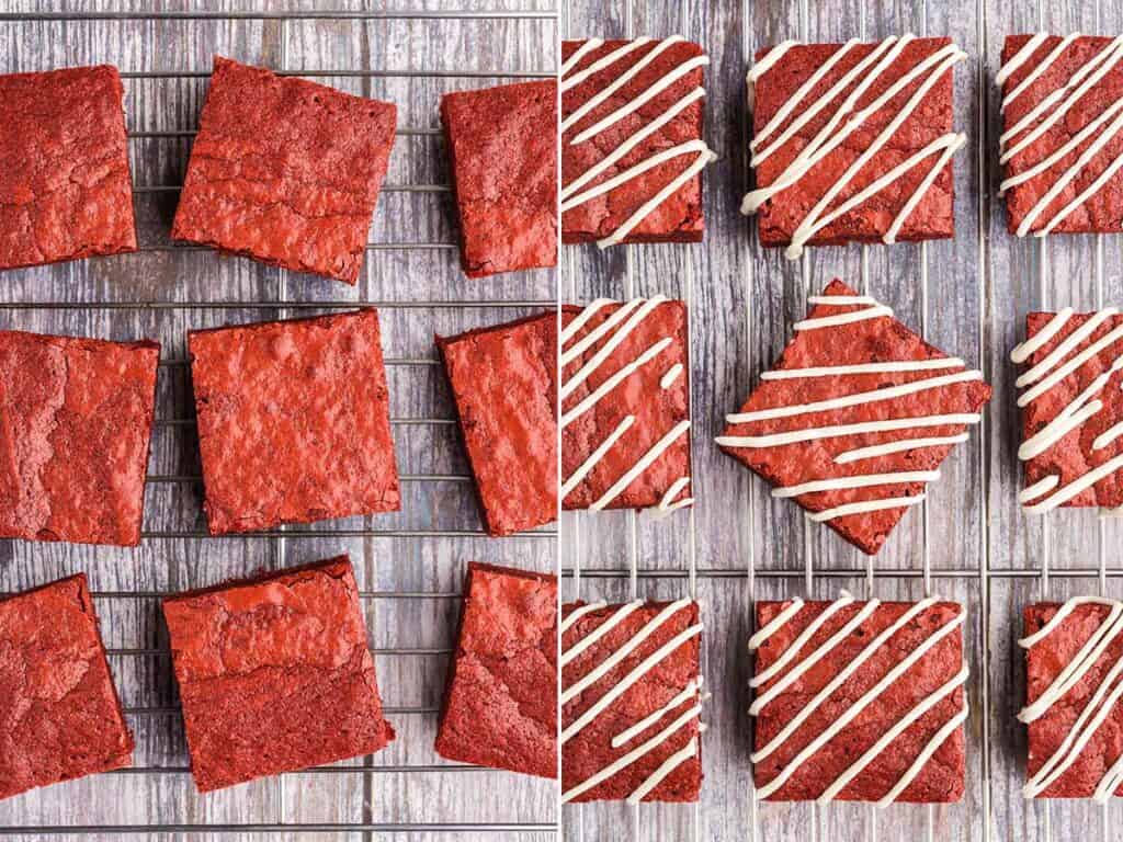 Two overhead pictures side by side.  Picture on the left is of cut red velvet brownies with no cream cheese frosting.  The picture on the right is of the same brownies after they have been drizzled with cream cheese frosting.