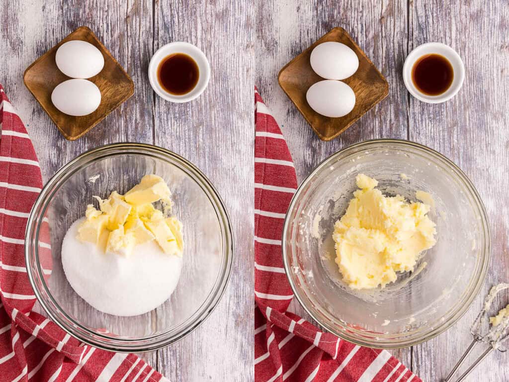 Creaming the butter and sugar together.  Two pictures side by side  of a mixing bowl.  On the left the mixing bowl contains chunks of butter and granulated sugar poured on top.  The picture on the right is the same bowl after the butter and sugar have been creamed together.  The mixture is a thick creamy yellow homogenous color.