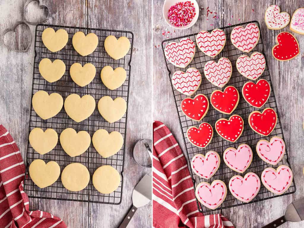overhead shot of two cooling racks with cookies on them.  On the left are the cookies after they have come out of the oven.  They are a light golden brown and heart-shaped.  On the right are the same cookies after they have been decorated with pink, white and red royal icing.