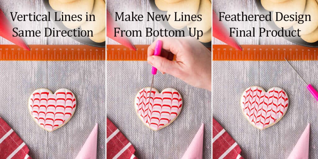 3 overhead photos side by side. On the left is a heart-shaped cookie with a white background and alternating red and pink stripes. A scribe has made 6 vertical drags from top to bottom. In the middle picture the scribe is now making drags from bottom to top in between the previous drags. The picture on the right is the final product after all the drags have been completed. It has a nice feathered look.