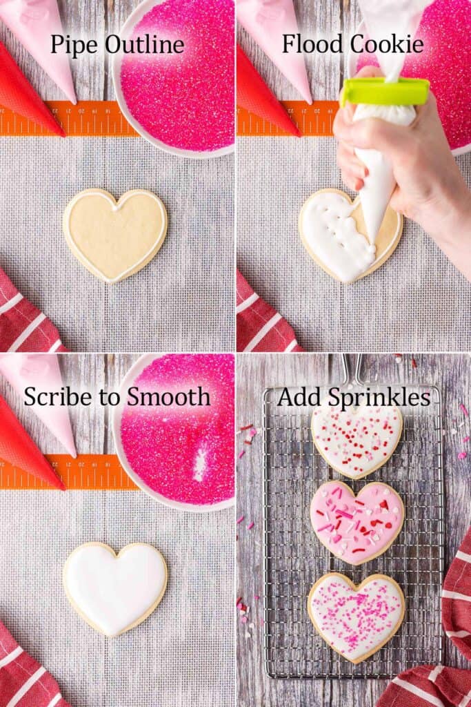 Four overhead shot pictures. Top left is a heart shaped cookie after a white line of royal icing has been piped about an 1/8" in around the entire cookie. Picture on top right is the same cookie now in the process of being flooded with white royal icing. The bottom left is the same cookie after all the white icing has settled and smoothed out. The bottom right picture is of three heart shaped sugar cookies in a vertical line, one is sprinkled with pink sanding sugar, another with red and pink hearts, and one with red white and pink circles.