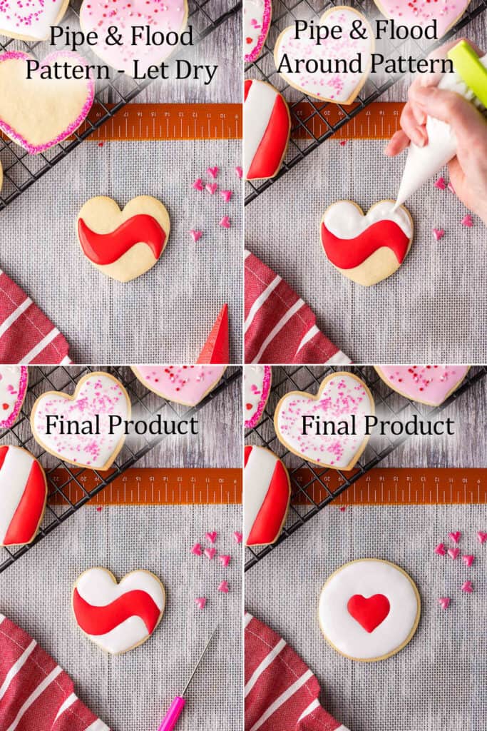 4 overhead pictures showing block flooding. Picture top left is a heart shaped cookie with a red wave piped and flooded in the middle. Picture top right is the same cookie with white icing being piped above the red wave. Picture bottom left is the same cookie after white icing has been piped below the red wave as well. The picture bottom right is a circle shaped cookie with a red heart of royal icing in the middle surrounded with white icing.