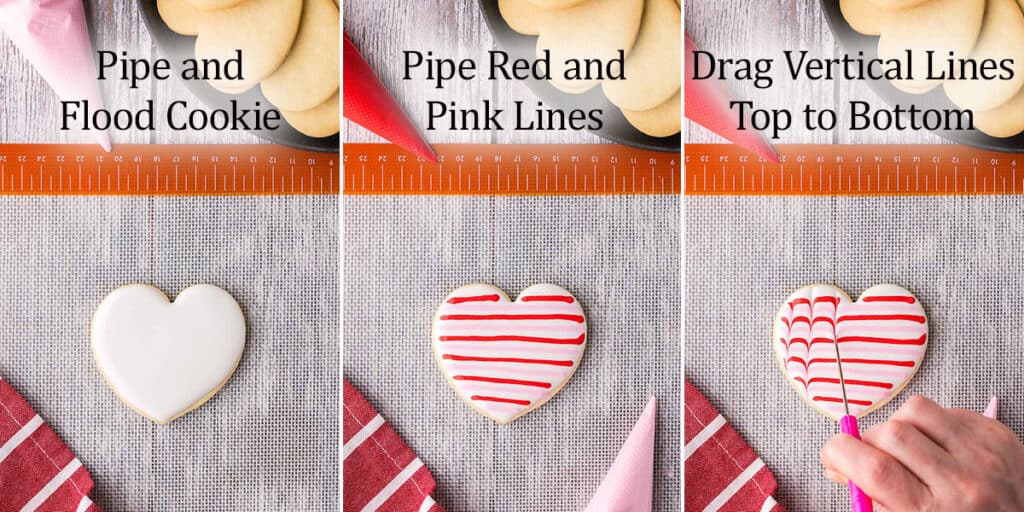 Overhead shot of three pictures side by side. On the left pipe the outline and flood the cookie with your background color. Middle picture is the same cookie now with horizontal lines of red and pink. Picture on right shows a scribe moving from the top and being dragged in vertical lines to the bottom.